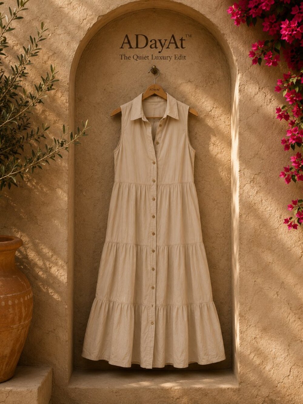 Coastal Grandmother Cotton Tiered Shirt Maxi Dress Haven Hearts Boho Beige M